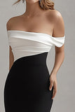 Black White Long Off the Shoulder Sheath Black Tie Dress with Slit