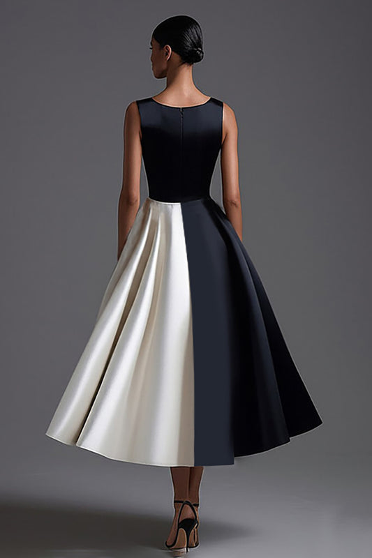 Black White Sleeveless A Line Long Black Tie Dress