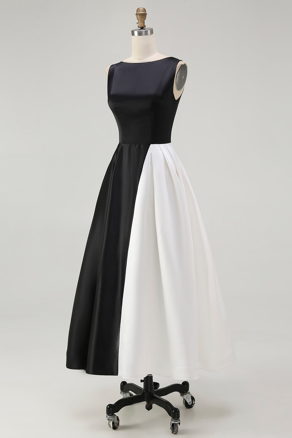 Black White Round Neck A Line Long Black Tie Dress