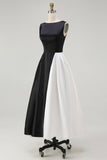 Black White Round Neck A Line Long Black Tie Dress