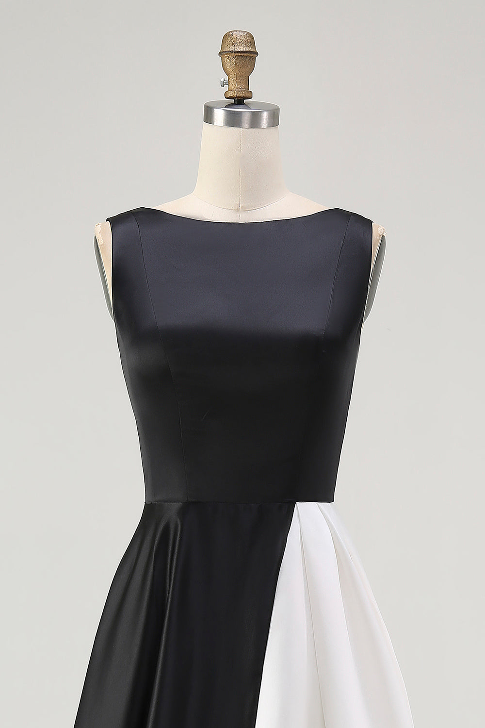 Black White Round Neck A Line Long Black Tie Dress