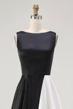 Black White Round Neck A Line Long Black Tie Dress
