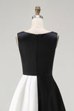 Black White Round Neck A Line Long Black Tie Dress