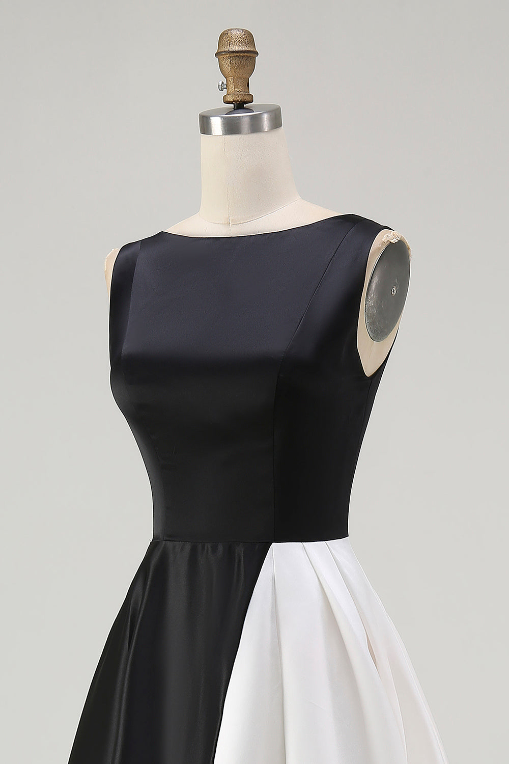 Black White Round Neck A Line Long Black Tie Dress