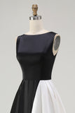 Black White Round Neck A Line Long Black Tie Dress