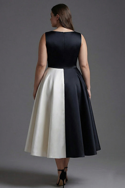 Plus Size Black and White Sleeveless A Line Satin Long Black Tie Dress