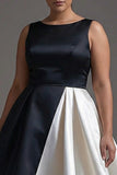 Plus Size Black and White Sleeveless A Line Satin Long Black Tie Dress