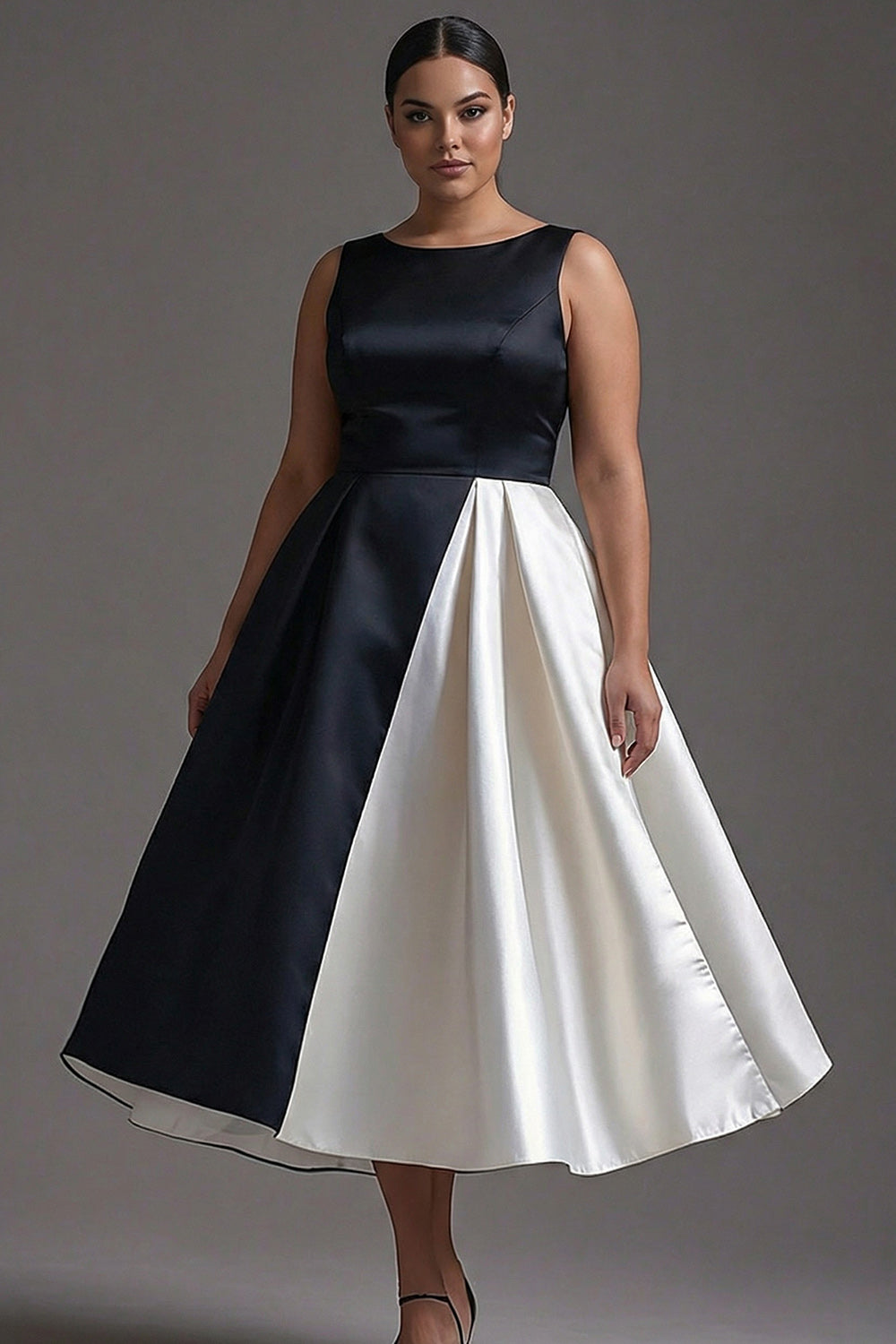 Black White Round Neck A Line Long Black Tie Dress