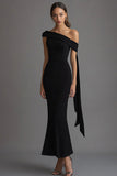 Black Sheath Long Streamer Black Tie Dress