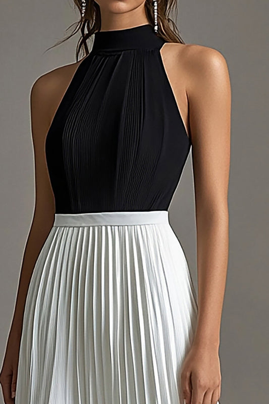 Black White A Line Halter Neck Long Black Tie Dress with Pleated