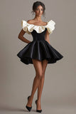 A Line Black Ivory Ruched Short Black Tie Dress