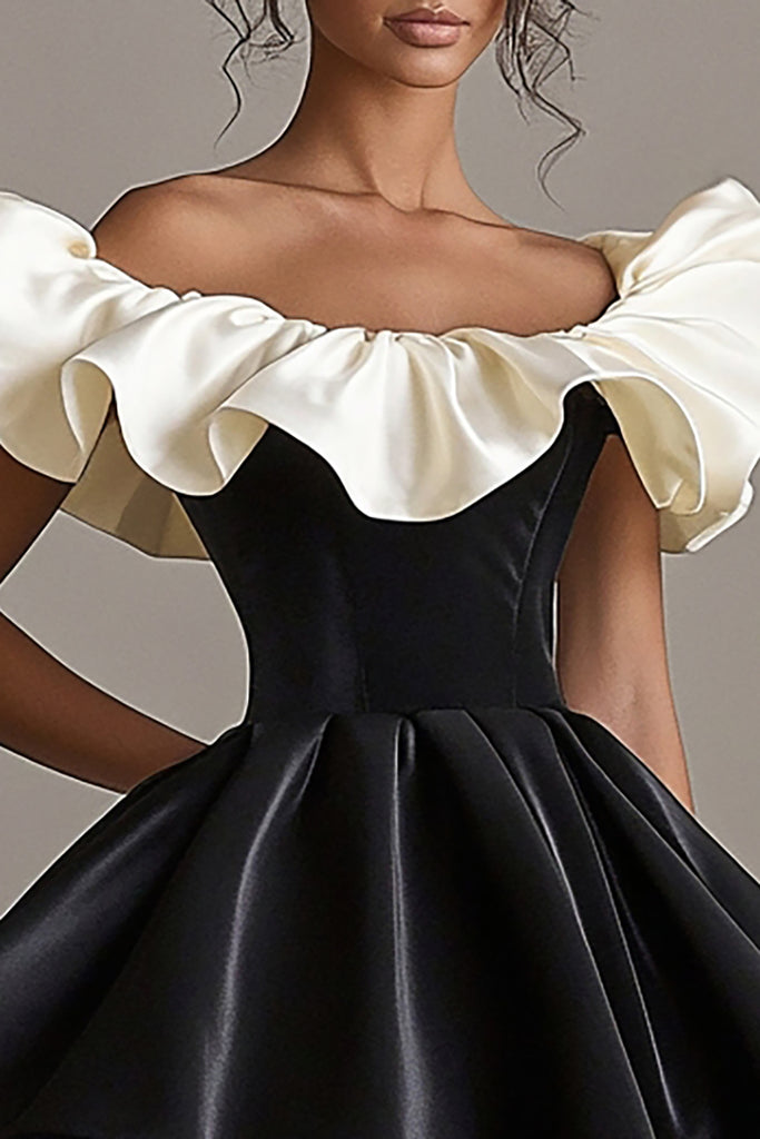 ZAPAKASA Women A Line Black Ivory Ruched Short Black Tie Dress Scoop