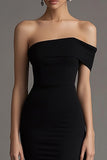 One Shoulder Black Sheath Long Black Tie Dress with Streamer