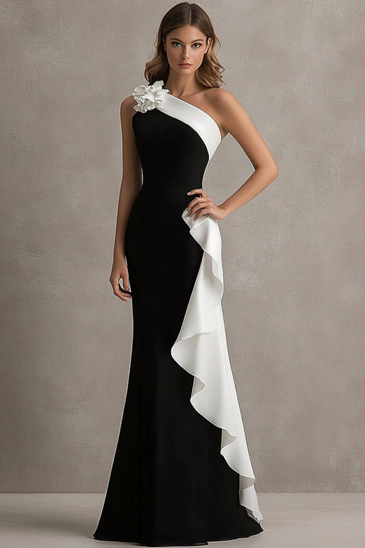 Black White One Shoulder Long Black Tie Dress with 3D Flowers Sheath Ruffled Formal Dress