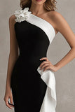 Black White One Shoulder Long Black Tie Dress with 3D Flowers