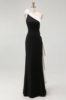 Black White Satin Mermaid Long Black Tie Dress with 3D Flowers