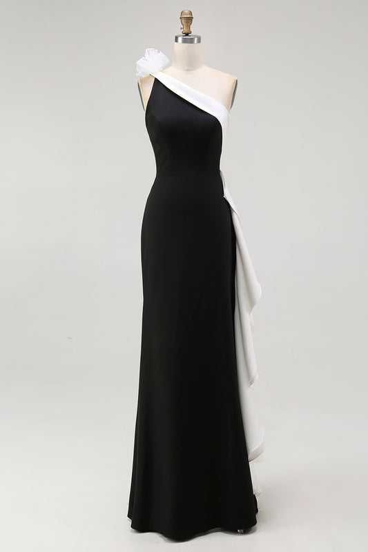 Black White Satin Mermaid Long Black Tie Dress with 3D Flowers