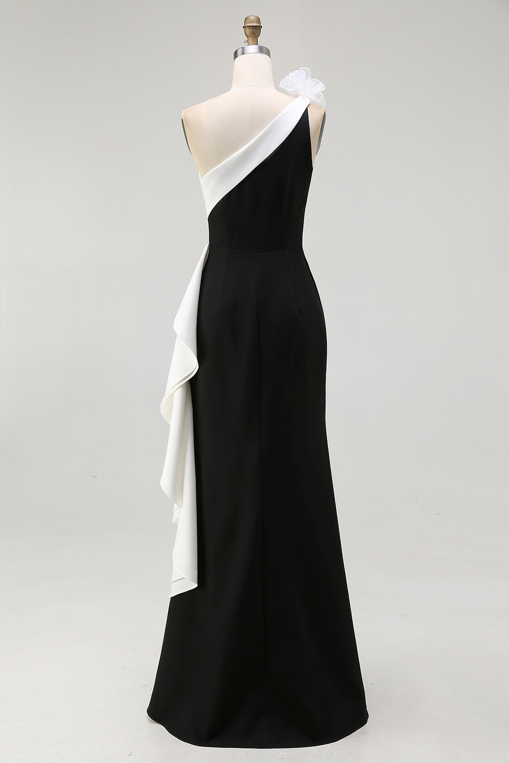 ZAPAKASA Women Black White Satin Long Black Tie Dress with 3D Flowers One Shoulder Mermaid Formal Dress with Ruffles ZAPAKASA Women Black White Satin Long Black Tie Dress with 3D Flowers One Shoulder Mermaid Formal Dress with Ruffles
