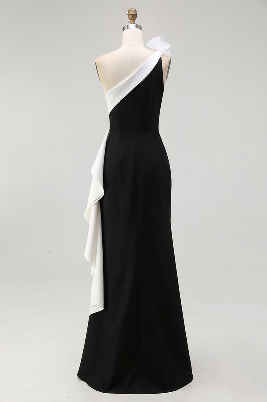 Black White Satin Mermaid Long Black Tie Dress with 3D Flowers