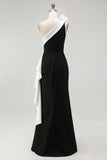 Black White Satin Mermaid Long Black Tie Dress with 3D Flowers