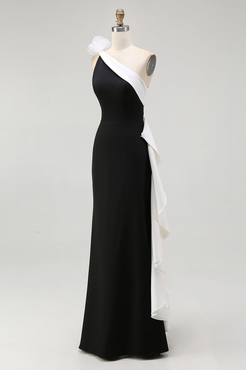 Black White Satin Mermaid Long Black Tie Dress with 3D Flowers