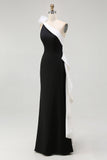 Black White Satin Mermaid Long Black Tie Dress with 3D Flowers