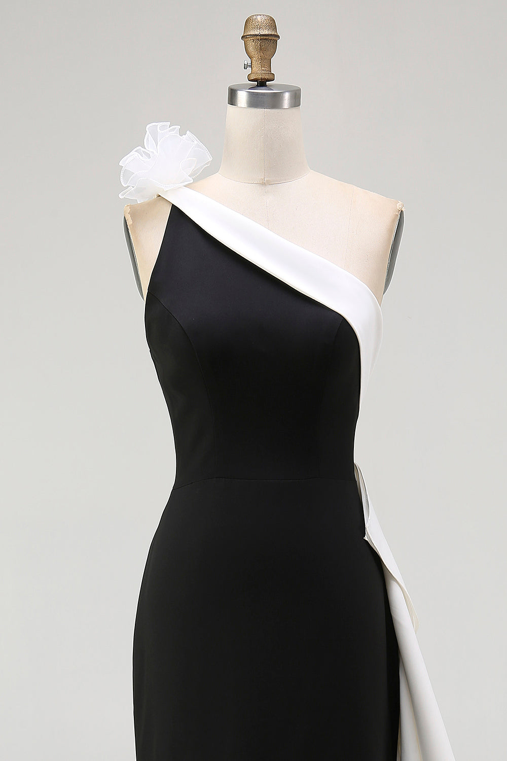 Black White Satin Mermaid Long Black Tie Dress with 3D Flowers