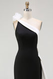 Black White Satin Mermaid Long Black Tie Dress with 3D Flowers
