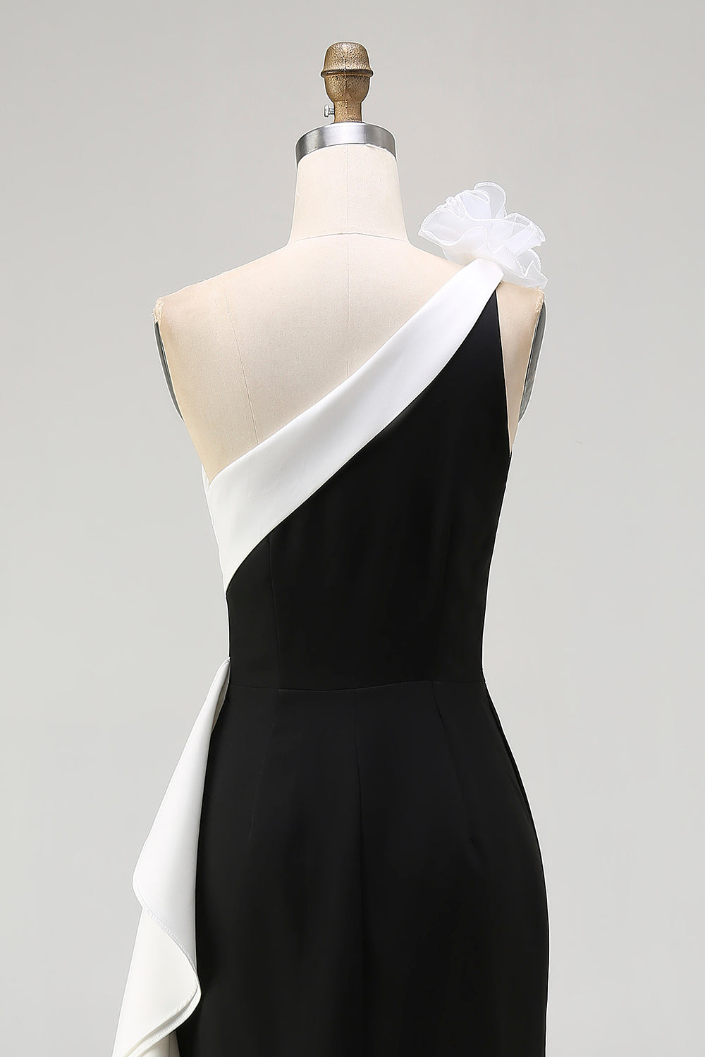 Black White Satin Mermaid Long Black Tie Dress with 3D Flowers