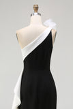 Black White Satin Mermaid Long Black Tie Dress with 3D Flowers