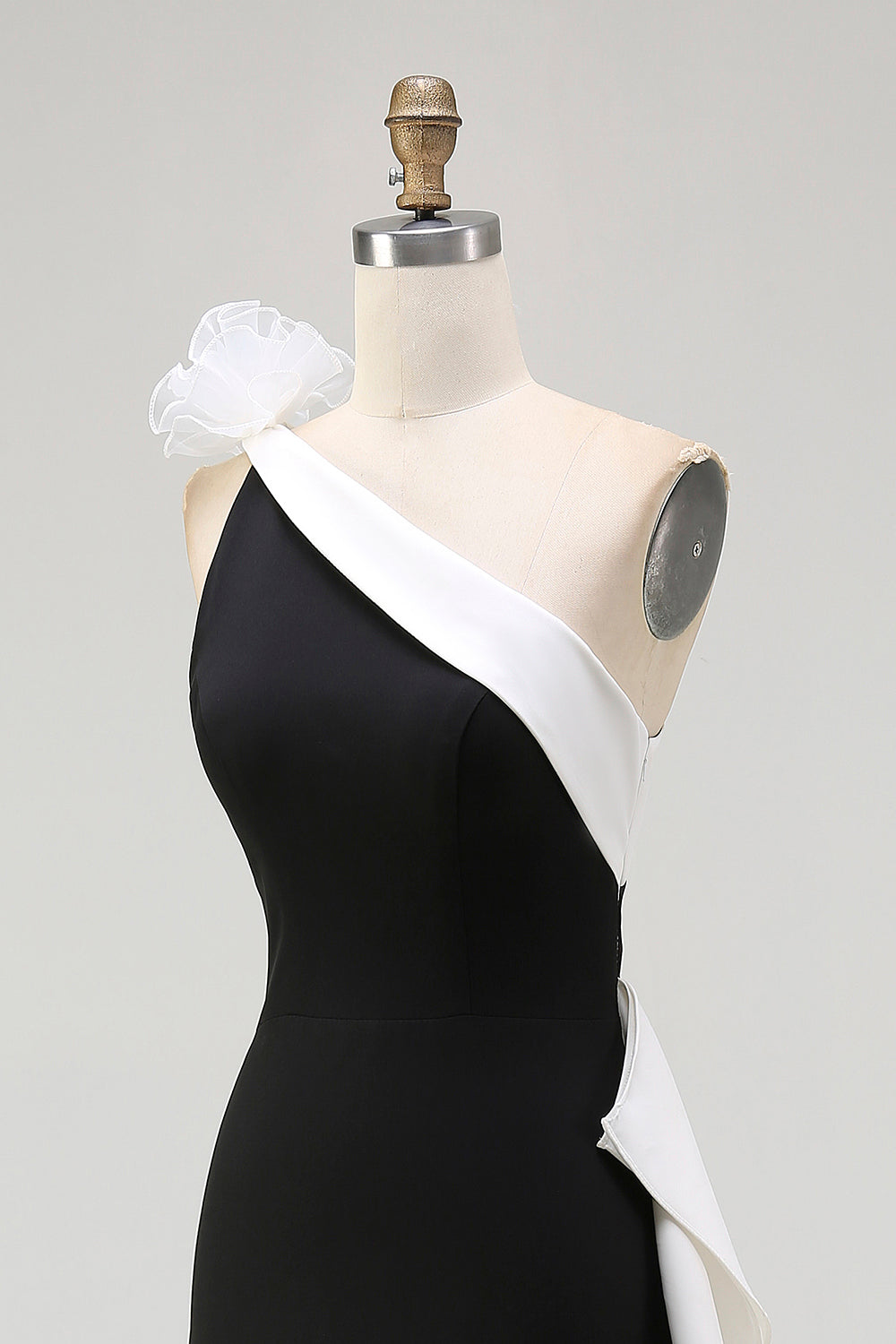 Black White Satin Mermaid Long Black Tie Dress with 3D Flowers