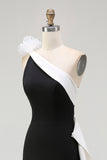 Black White Satin Mermaid Long Black Tie Dress with 3D Flowers