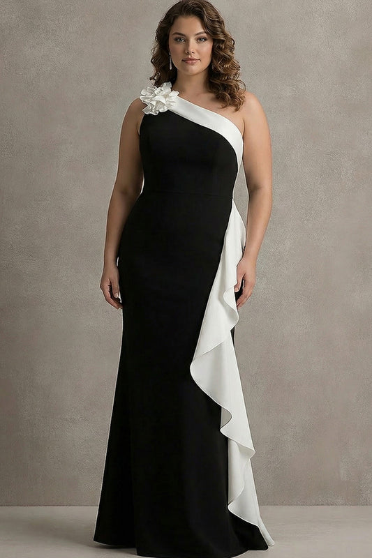 Plus Size Black and White One Shoulder Mermaid Long Black Tie Dress with 3D Flowers
