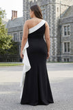 Plus Size Black and White One Shoulder Mermaid Long Black Tie Dress with 3D Flowers