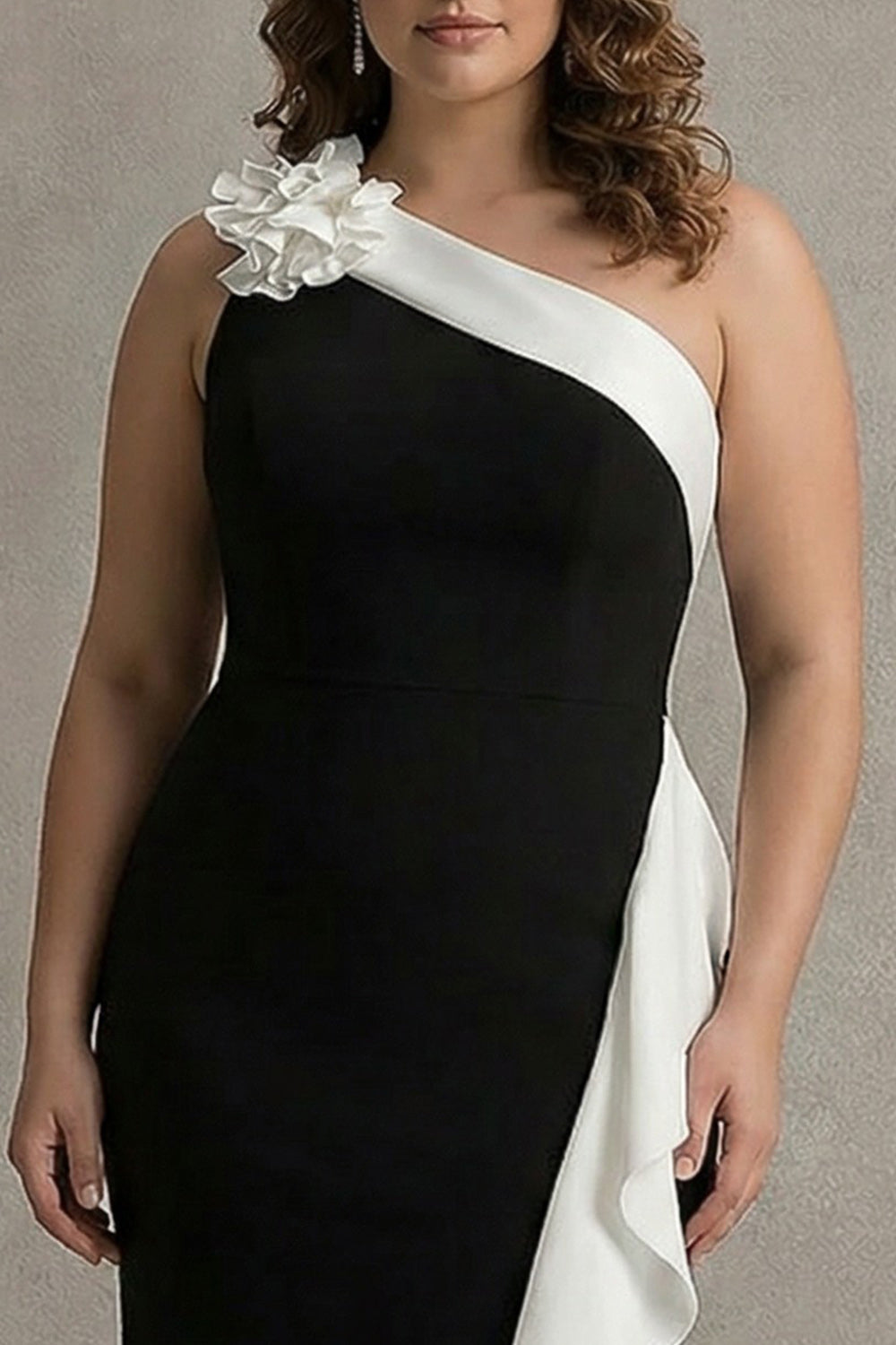 Plus Size Black and White One Shoulder Mermaid Long Black Tie Dress with 3D Flowers