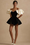 A Line Black Ivory Short Black Tie Dress with Ruffles