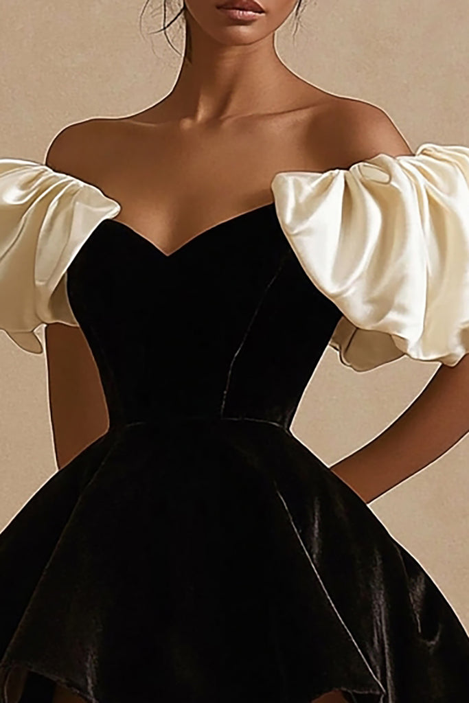 ZAPAKASA Women A Line Black Ivory Short Black Tie Dress with Ruffles