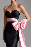 Black Pink Bowknot Long Black Tie Dress with Slit