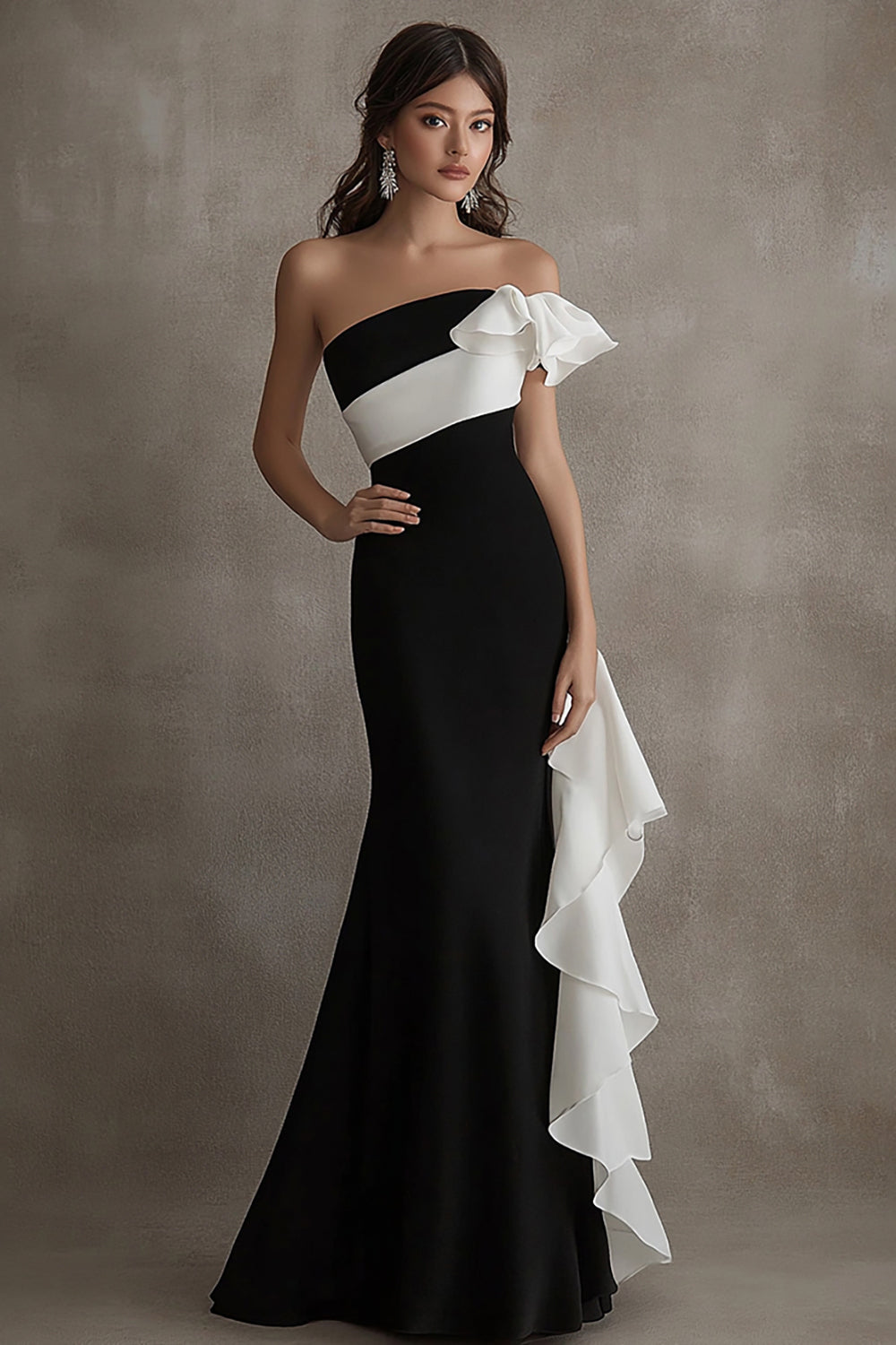 Sheath Black White Long Black Tie Dress with Ruffles