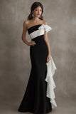 Sheath Black White Long Black Tie Dress with Ruffles