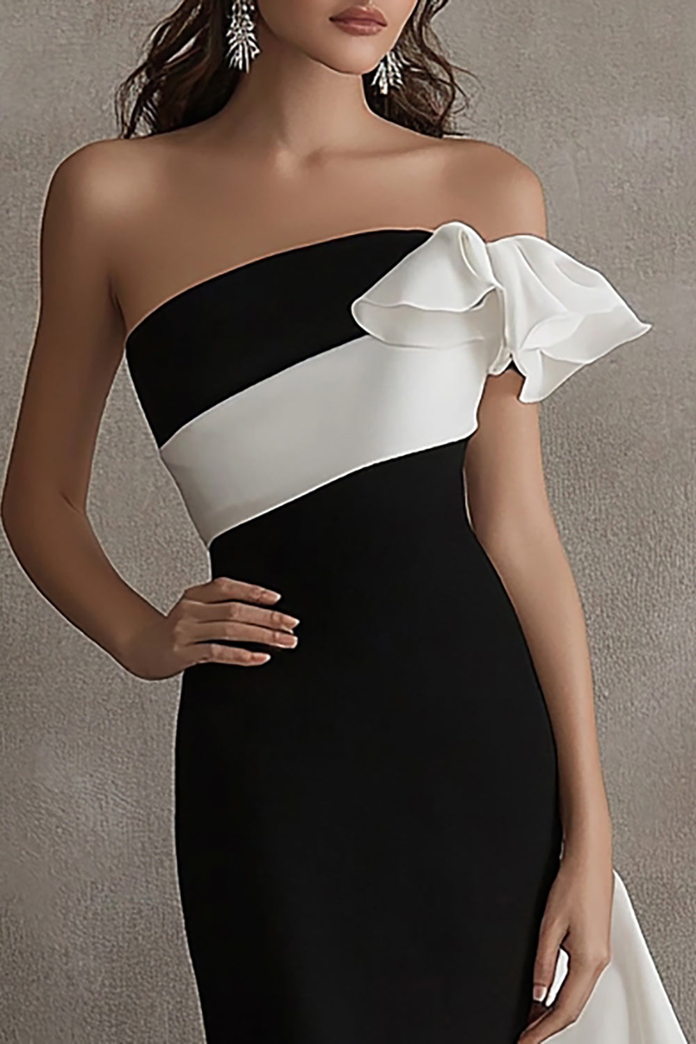 Sheath Black White Long Black Tie Dress with Ruffles