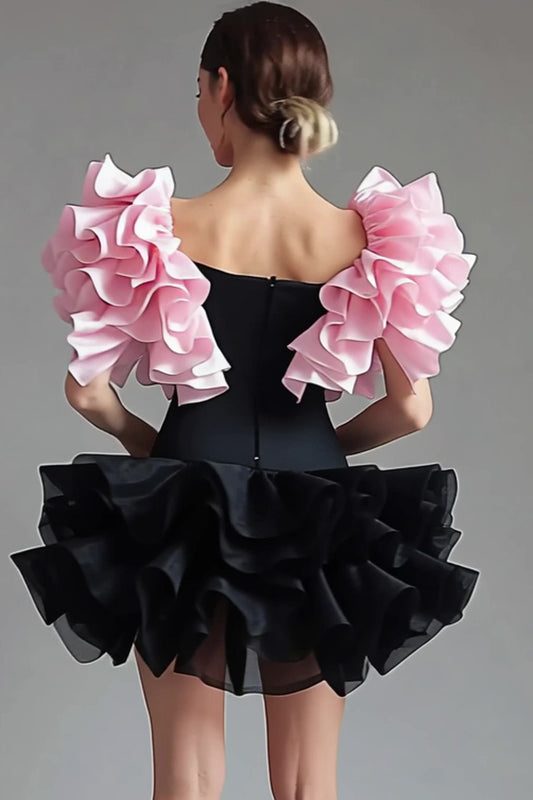 Square Neck Black Pink Ruched Short Black Tie Dress