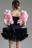 Square Neck Black Pink Ruched Short Black Tie Dress