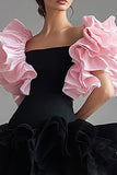 Square Neck Black Pink Ruched Short Black Tie Dress