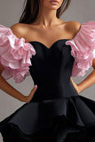 Sweetheart A Line Pink Short Black Tie Dress with Ruffles