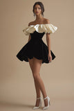 Off the Shoulder Ivory Short Black Tie Dress with Ruffles
