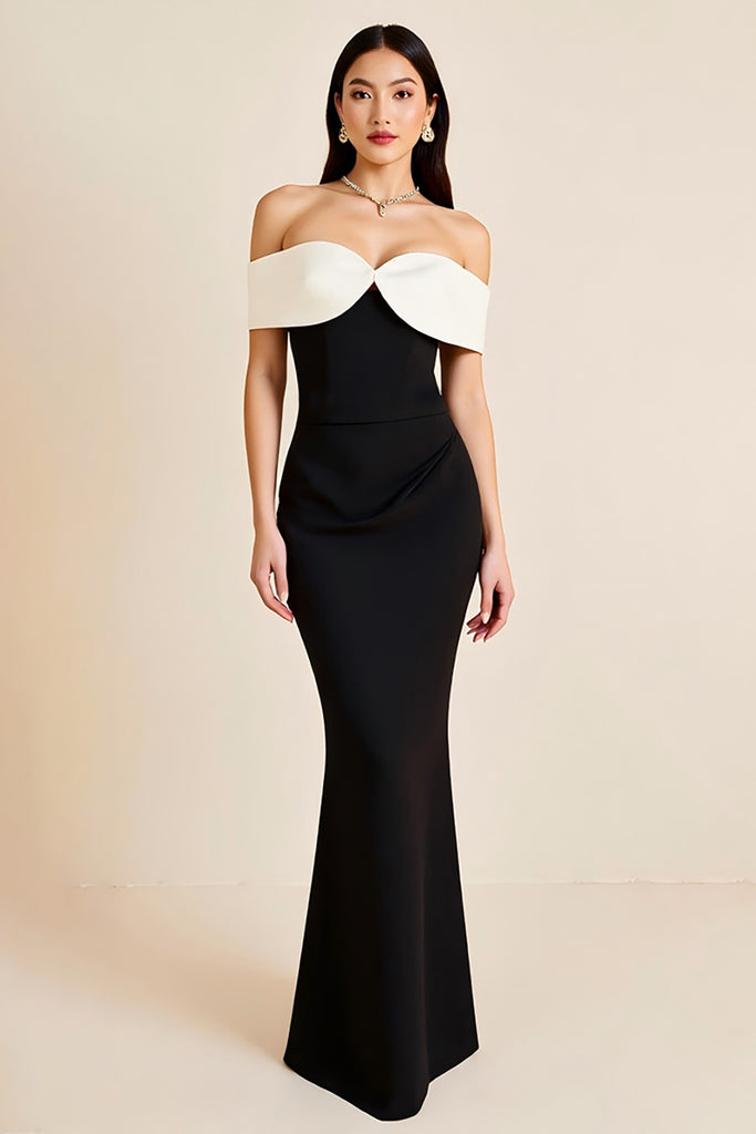 ZAPAKASA Women Sheath White Off the Shoulder Long Black Tie Dress