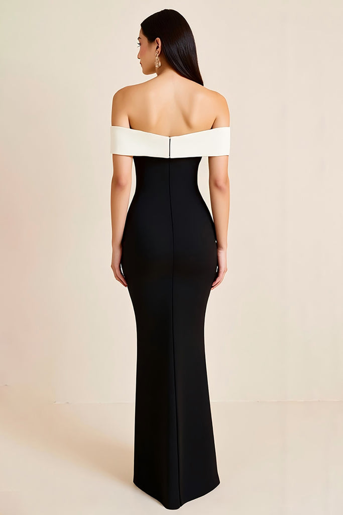 ZAPAKASA Women Sheath White Off the Shoulder Long Black Tie Dress