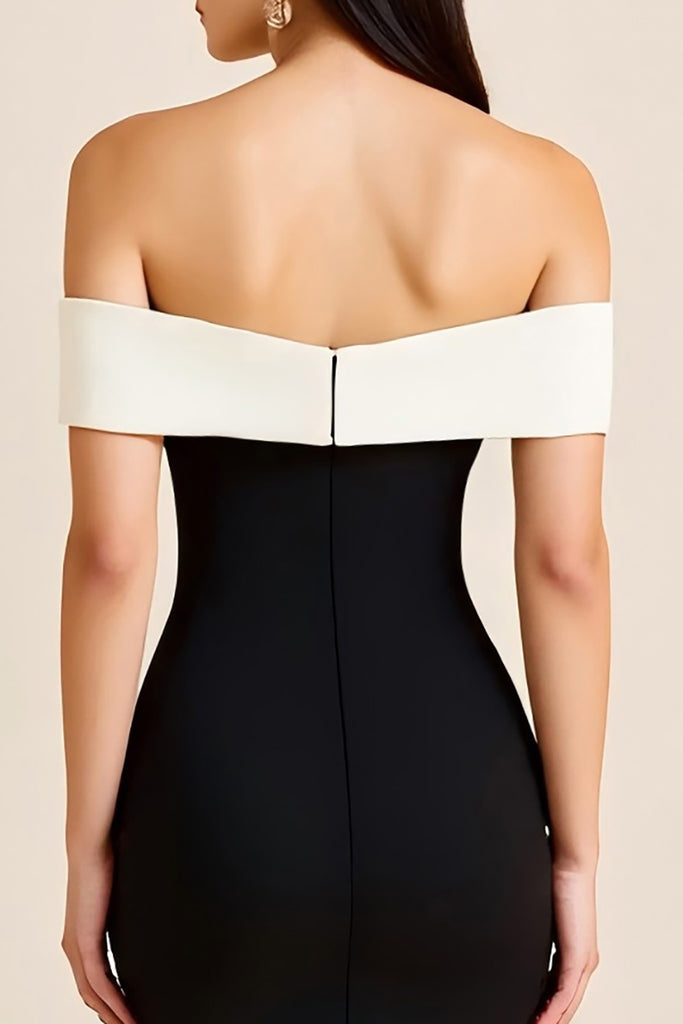 ZAPAKASA Women Sheath White Off the Shoulder Long Black Tie Dress