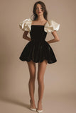 A Line Ivory Square Neck Short Black Tie Dress with Sleeves